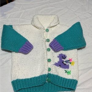 Vintage Kids Dinosaur Knit Cardigan - White, Teal, and Purple